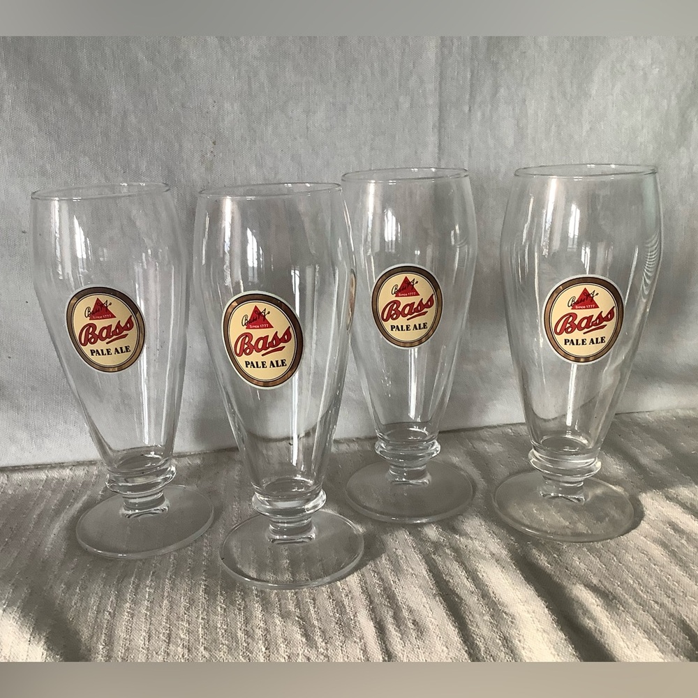 Fantastic Antique Set of 4 Bass Pale Ale 14k Gold Detail 7" Pilsner Beer Glasses